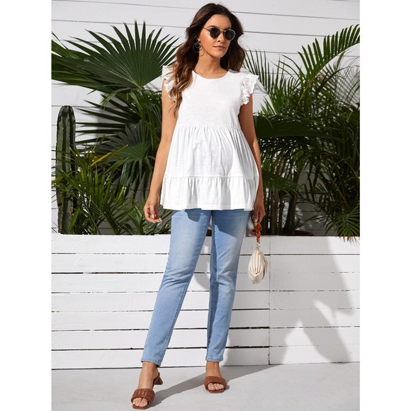 Maternity short Sleeve Ruffle Hem peplum Tee white boho - Picture 4 of 5
